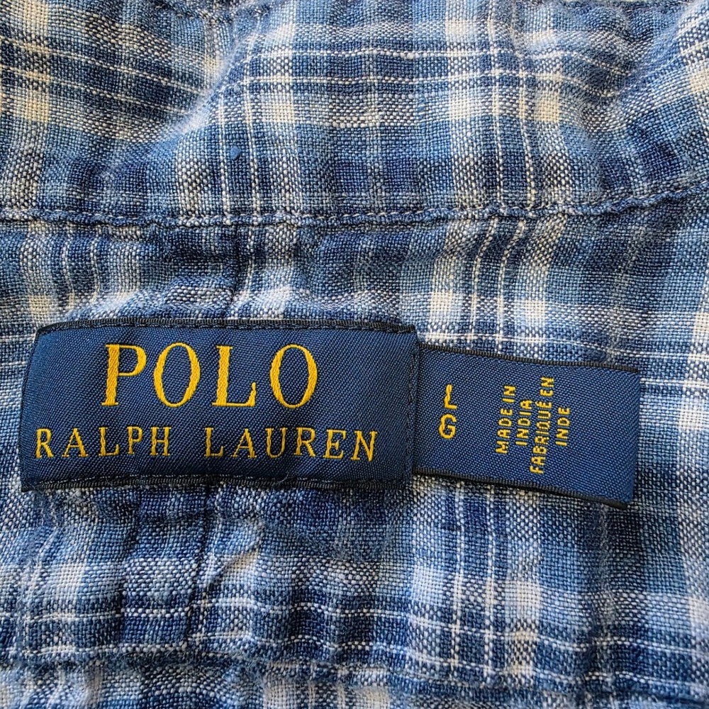 Polo Ralph Lauren Mens Blue Plaid 100% Linen Long Sleeve Button Down Shirt Large - Picture 3 of 8